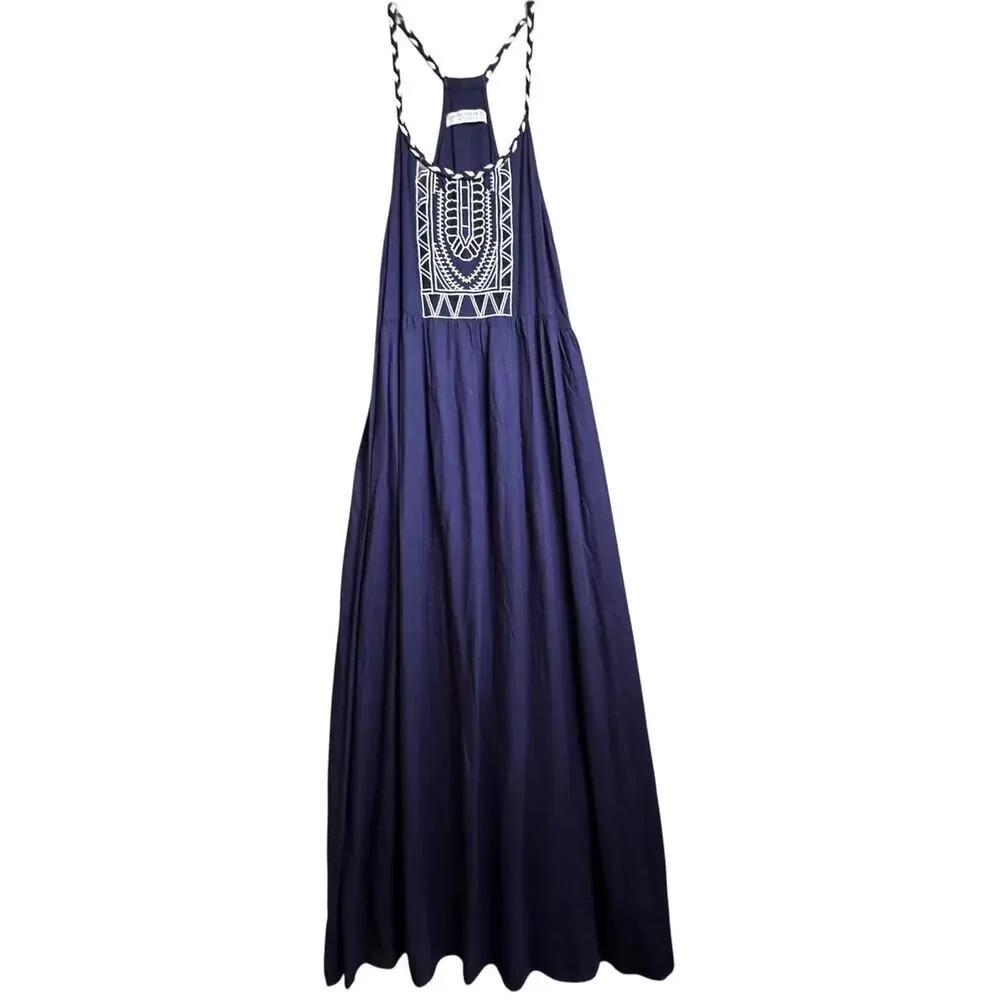 Pull & Bear Navy Embroidered Maxi Dress Boho Racerback Sleeveless Small